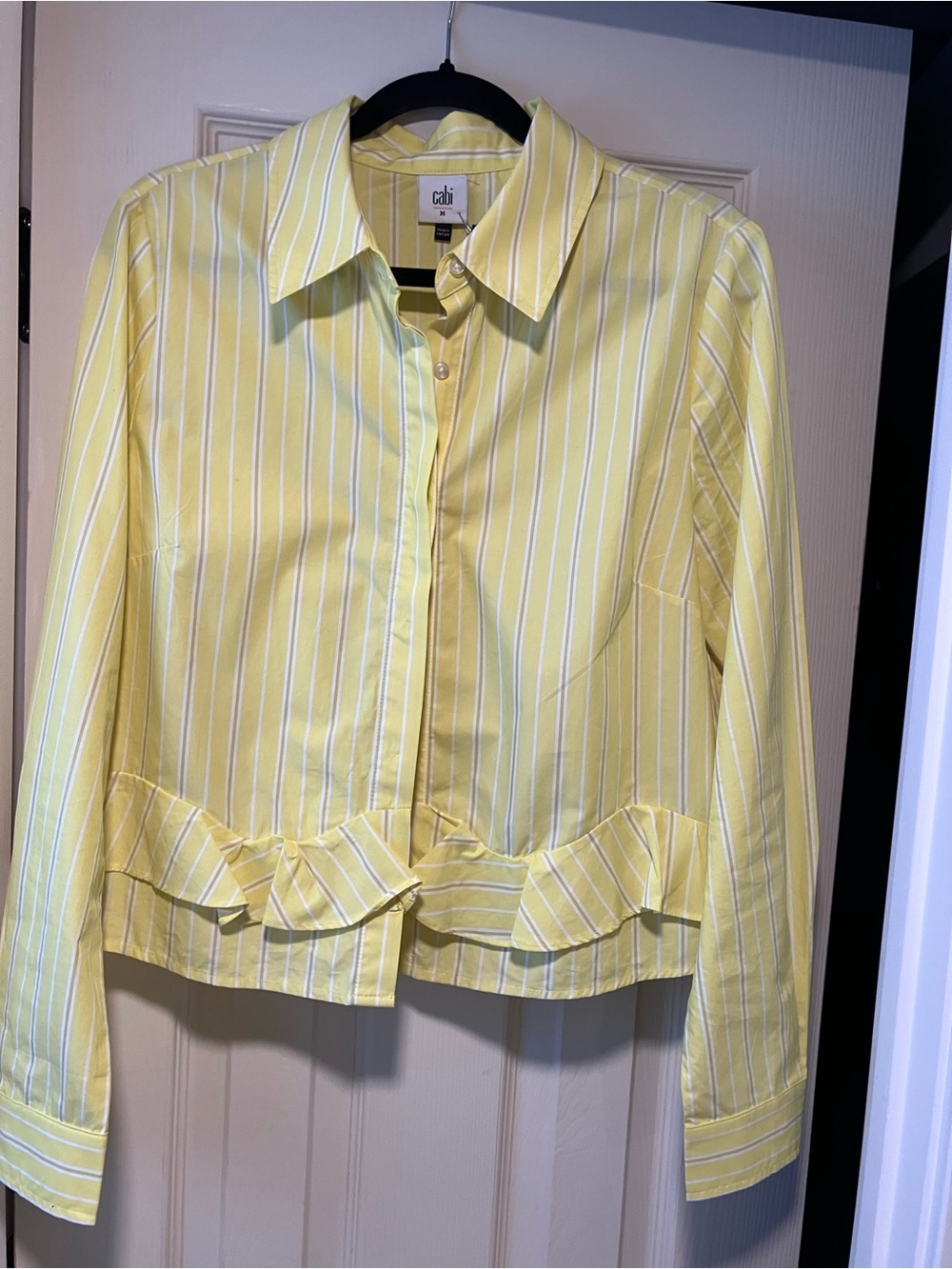 CAbi butter Yellow and White Striped Ruffle-Hem Flirt Shirt Jacket